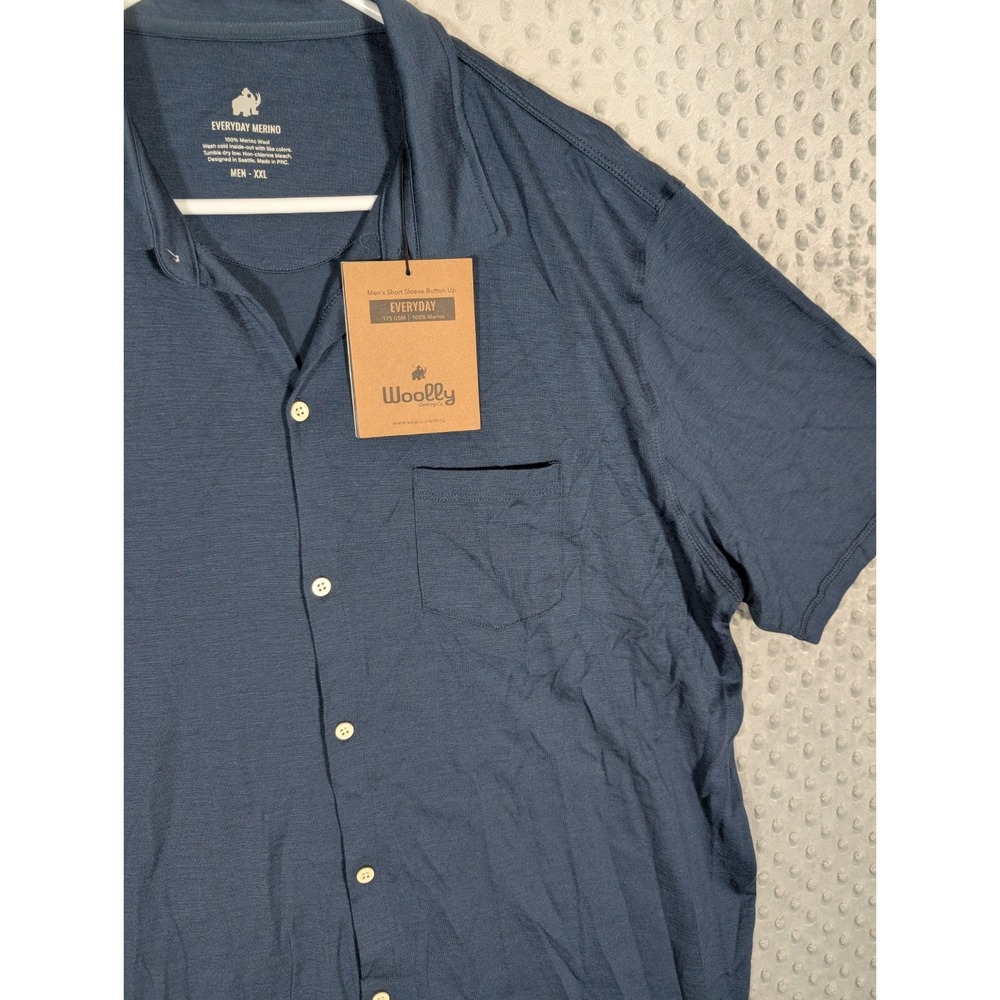 Woolly Merino Wool Shirt Men's 2XL Blue Short Sleeve Knit Button-Up Hiking NEW - Picture 2 of 8